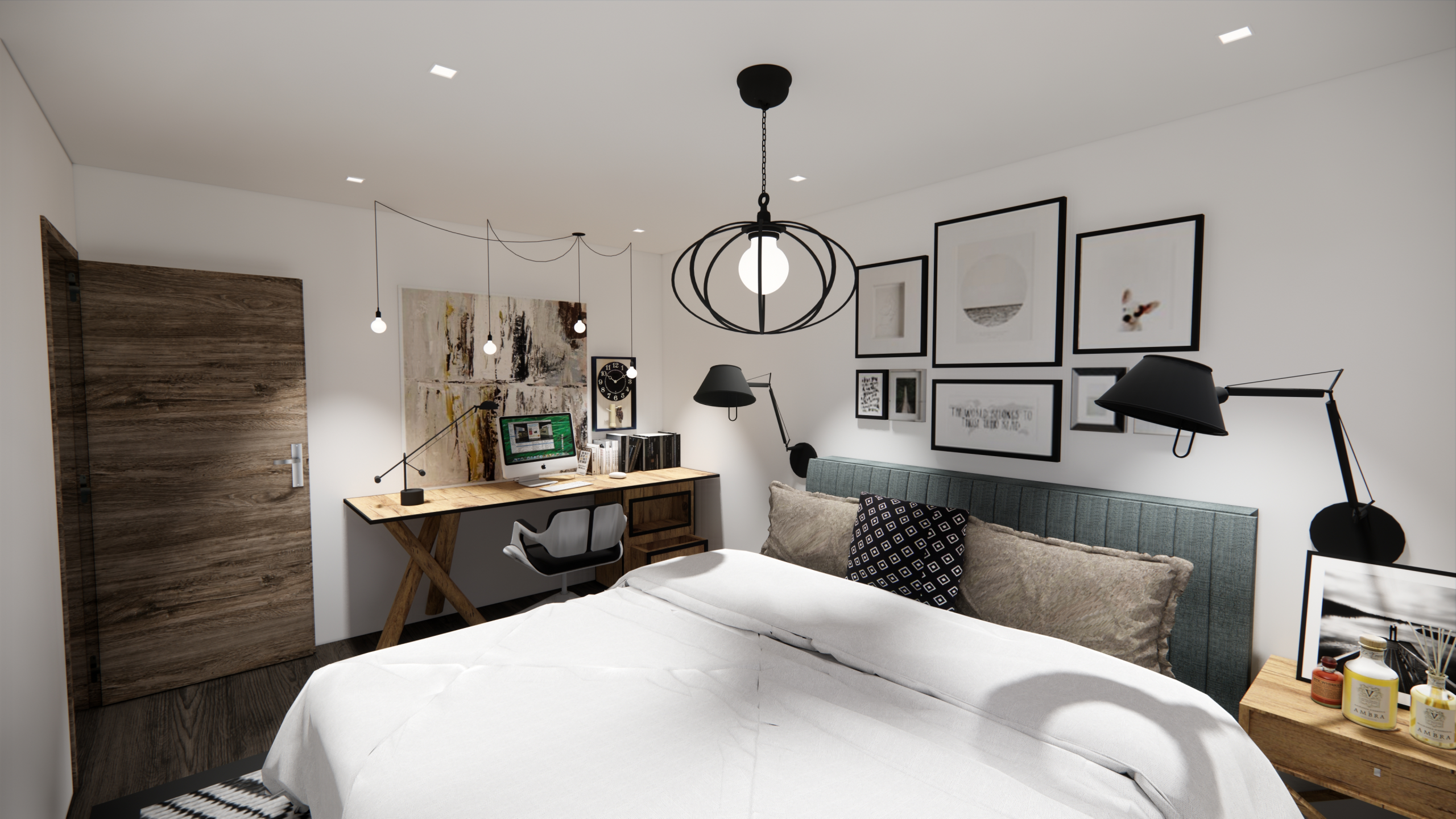 Rendu 3D d'une chambre moderne avec lit design, espace bureau en bois et éclairage suspendu - Modélisation 3D à Perpignan