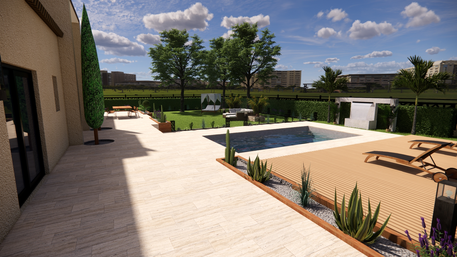Rendu 3D d'un jardin moderne avec piscine, terrasse en bois et espace détente - Aménagement extérieur à Perpignan