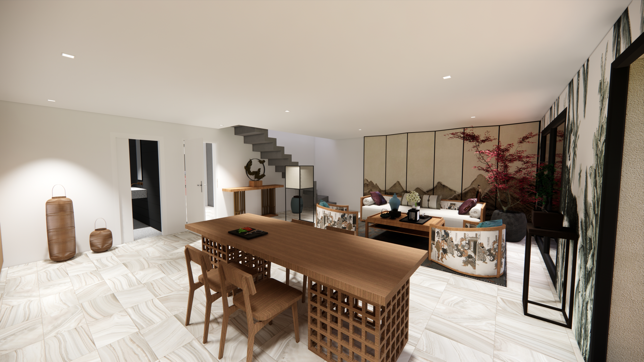 Rendu 3D d'un salon moderne au style japonais avec mobilier en bois, décoration minimaliste et ambiance zen - Modélisation 3D à Perpignan