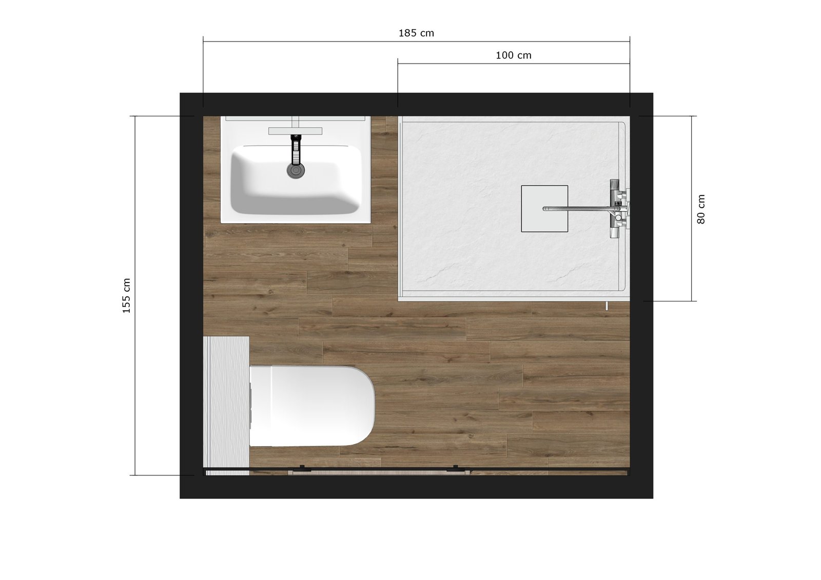 Plan 2D salle de bain avec douche, lavabo et WC – vue de dessus avant rénovation