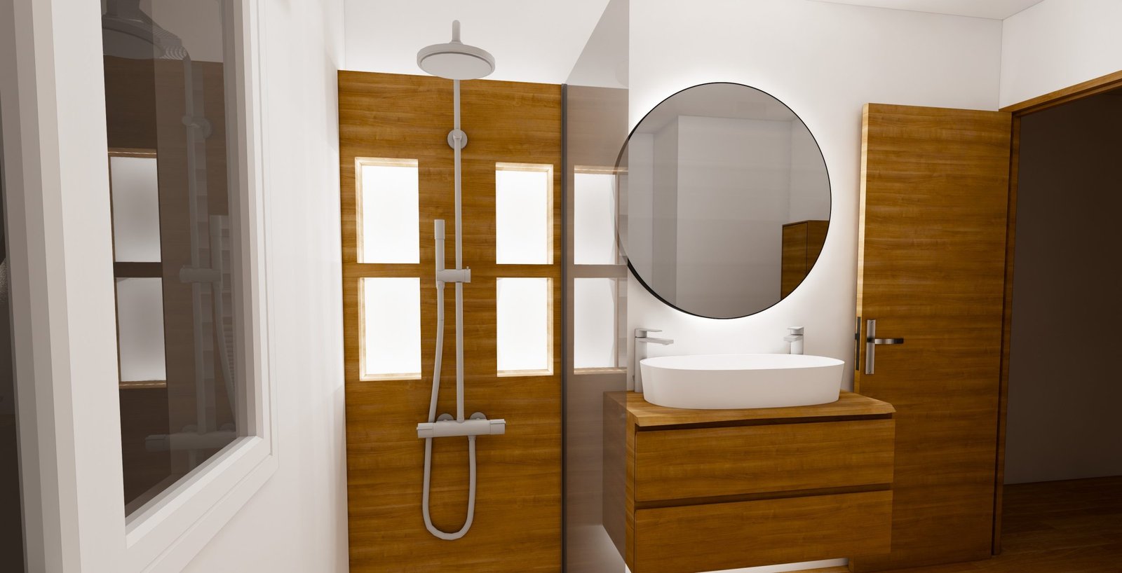 Rendu 3D d’une douche moderne en bois avec niches lumineuses à Perpignan