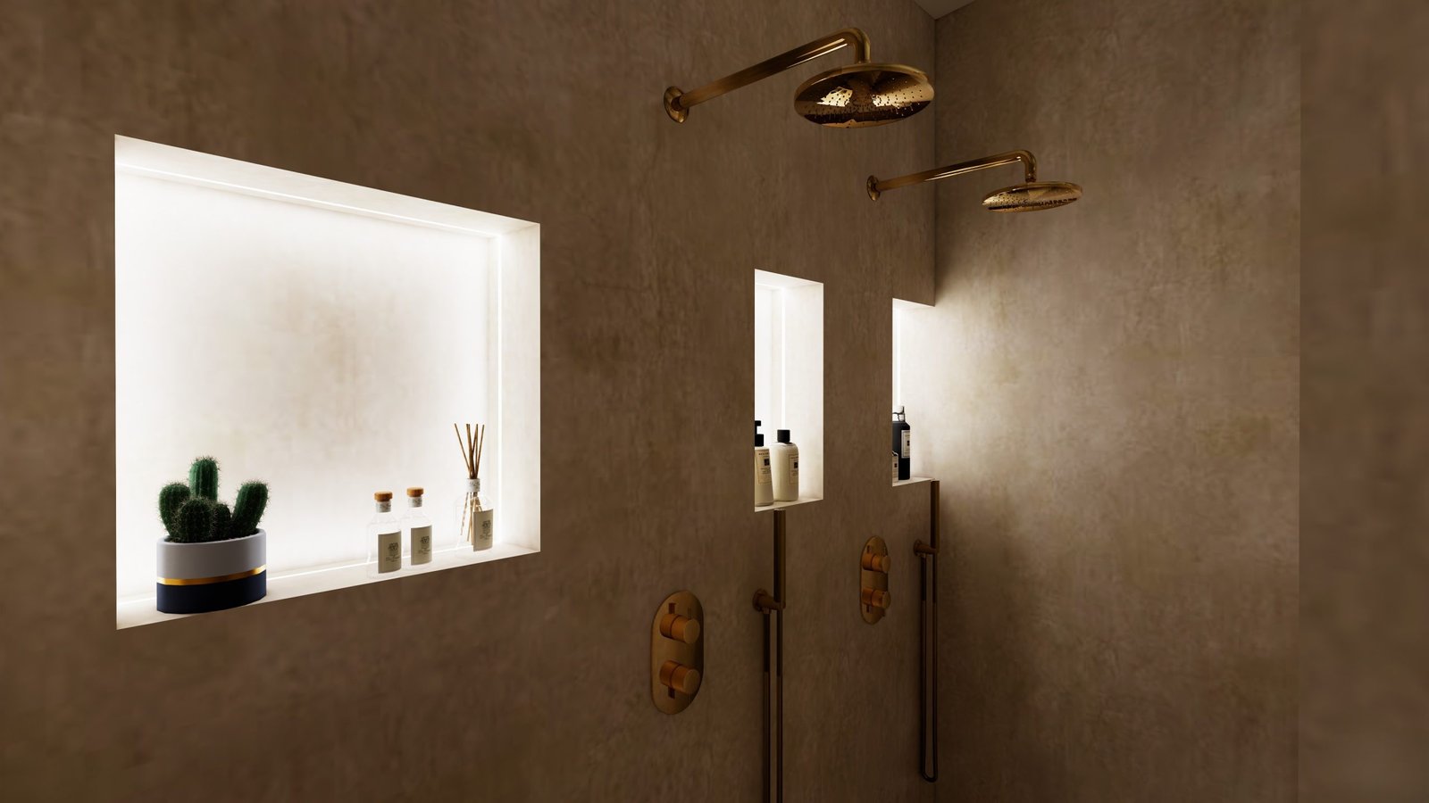 Douche double modélisée en 3D avec niches rétroéclairées et finition dorée à Perpignan
