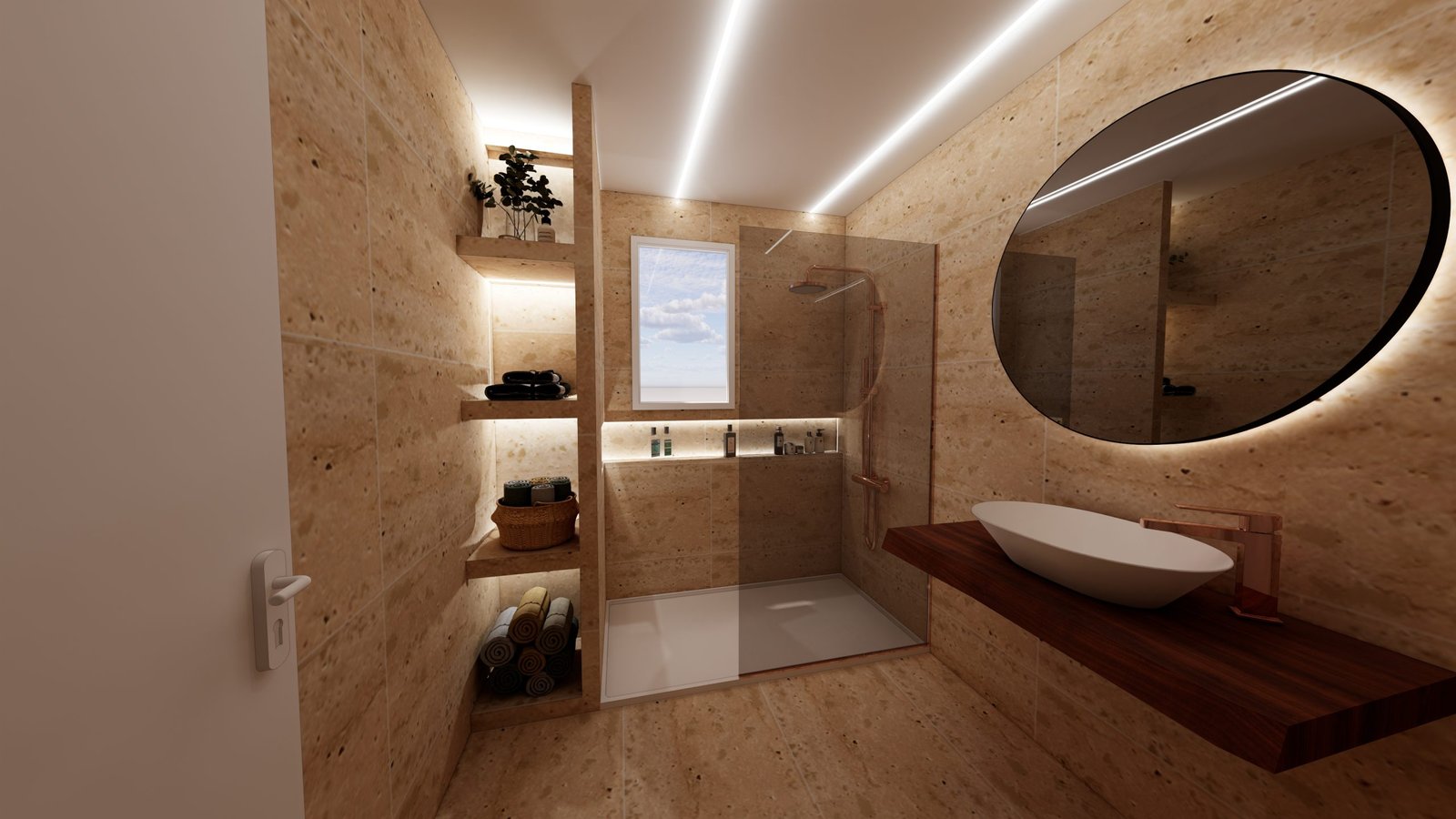 Plan 3D salle de bain moderne avec douche à l’italienne et meuble suspendu