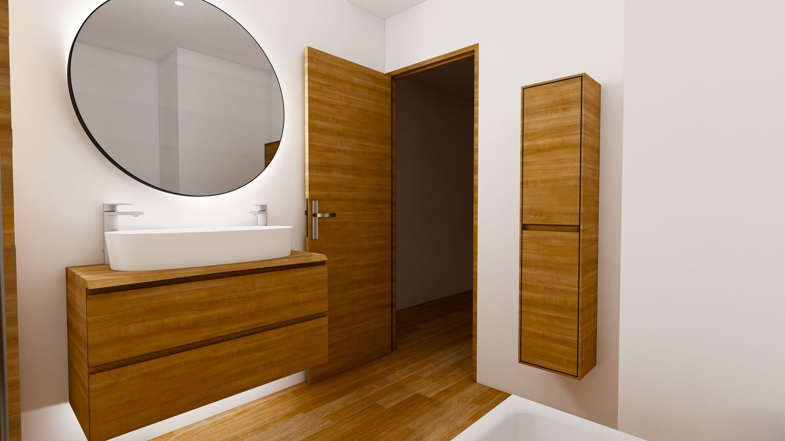 Plan 3D d'une salle de bain bois clair avec meuble vasque et miroir rond à Perpignan