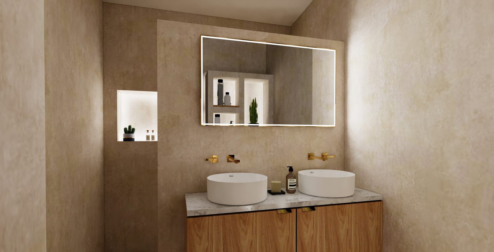 Salle de bain 3D avec double vasque, miroir rétroéclairé et niches murales à Perpignan