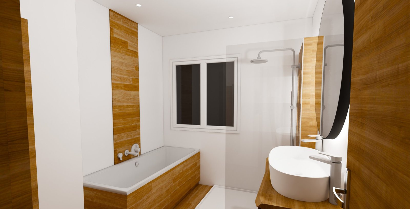 Salle de bain 3D à Perpignan avec baignoire, vasque design et douche en bois clair