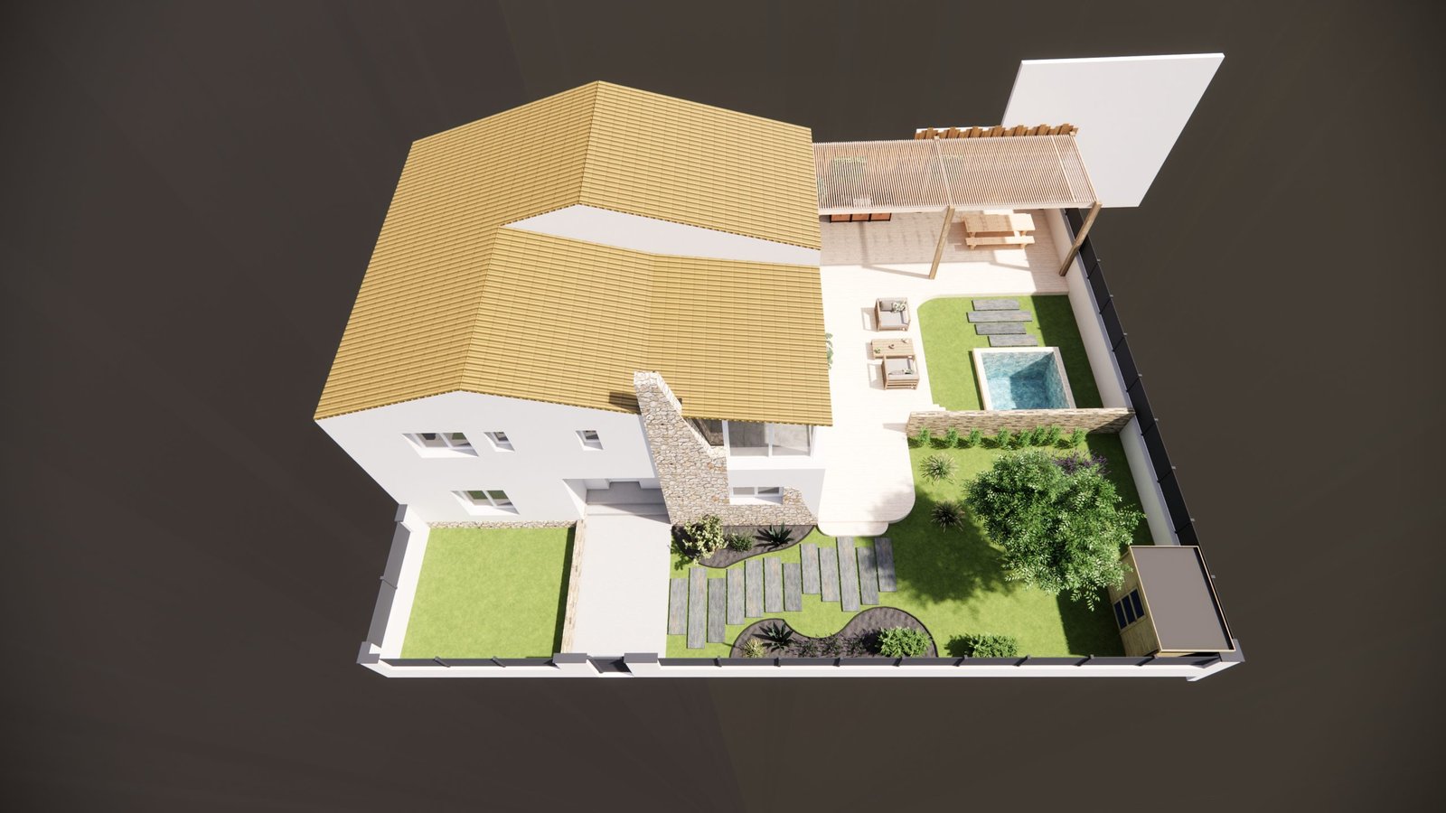 vue d’ensemble aménagement extérieur à Saint-Laurent-de-la-Salanque avec piscine et pergola