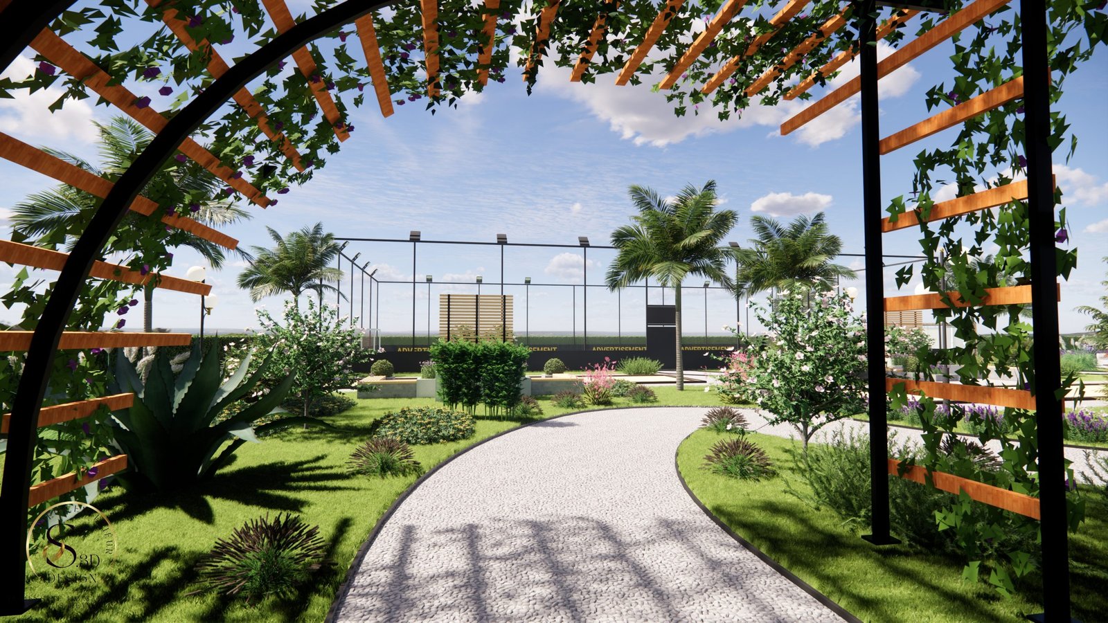 Allée pavée entre les parterres de fleurs et les palmiers, sous ciel bleu