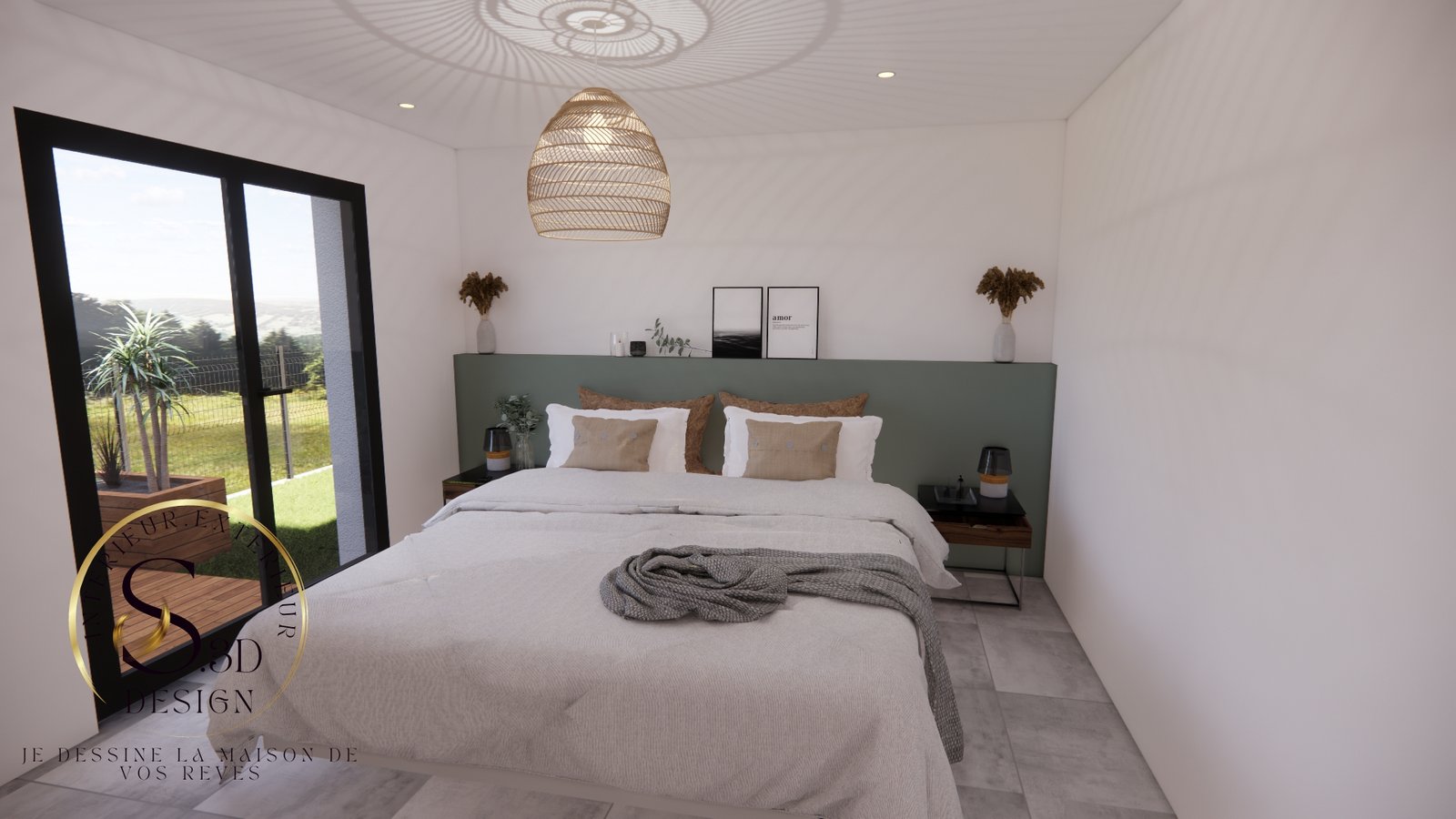 Chambre en plan 3D avec vue sur extérieur à Perpignan