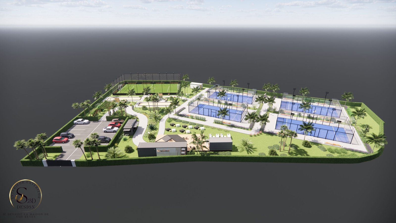 Vue aérienne d’un complexe sportif et paysager en 3D à Perpignan