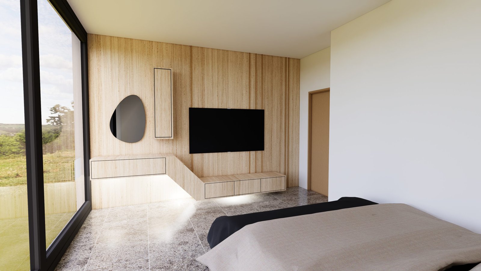 Espace bureau intégré dans une chambre avec meuble design en bois à Perpignan