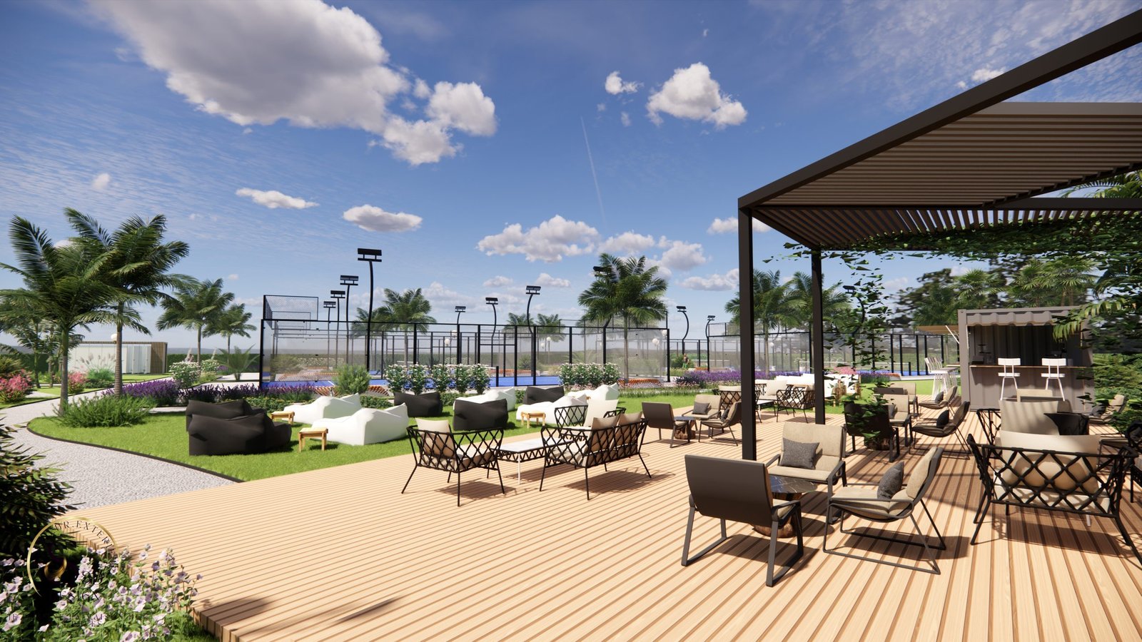 Mobilier de jardin en bois sur une terrasse design avec fauteuils extérieurs