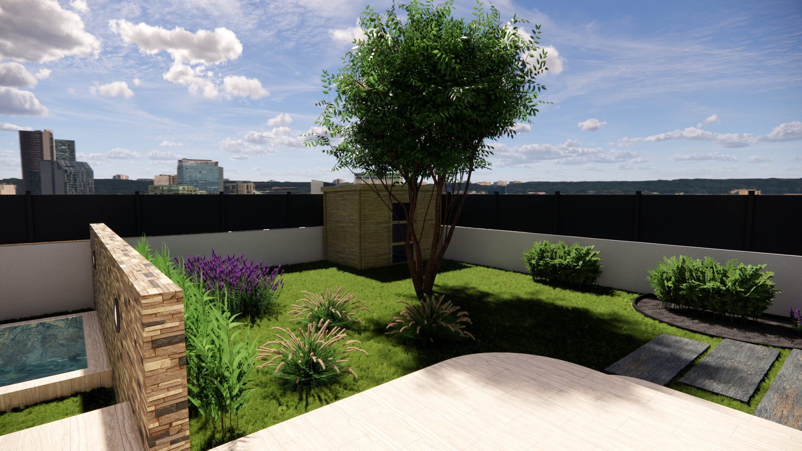  jardin avec arbre central et massifs végétaux à Saint-Laurent-de-la-Salanque