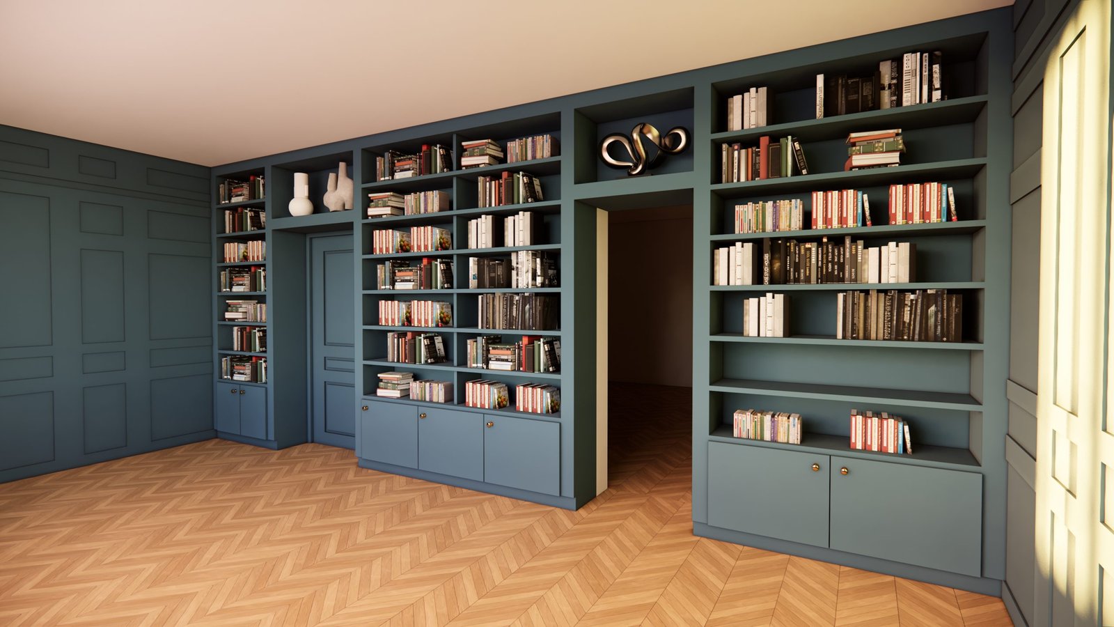 Aménagement 3D d’une pièce de lecture à Ille-sur-Têt avec bibliothèque murale