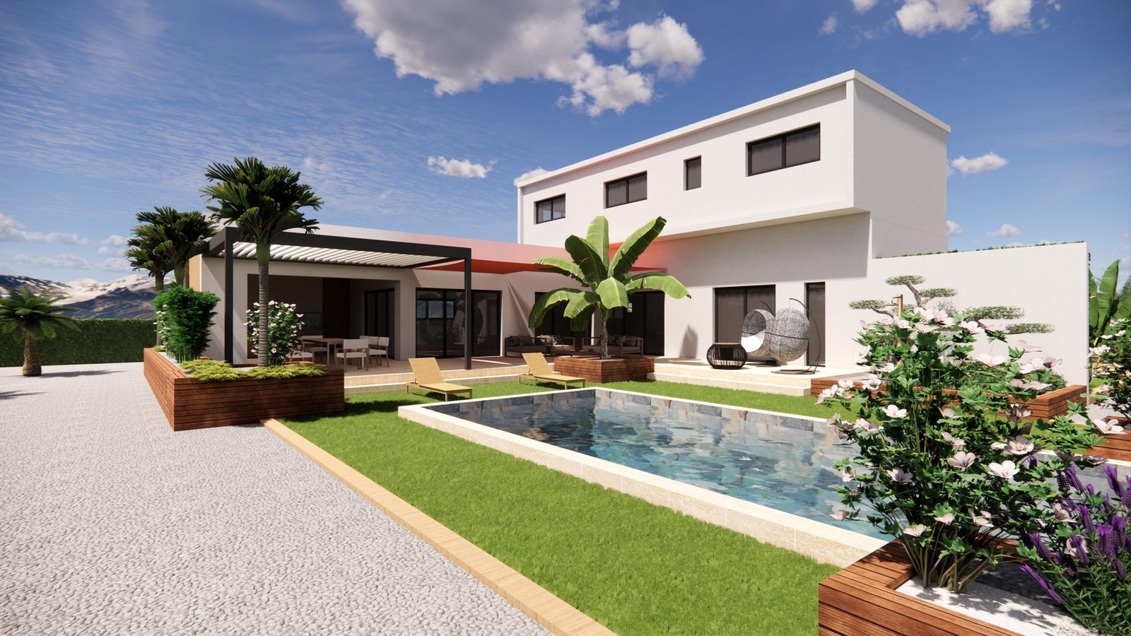 Plan 3D jardin avec piscine, terrasse et aménagement paysager moderne