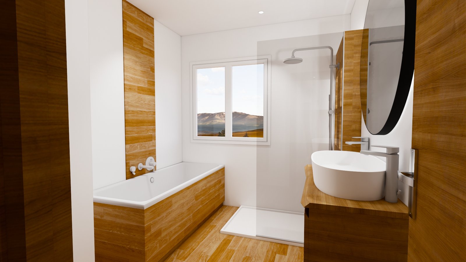 Vue en angle plan 3D salle de bain Perpignan avec douche et meuble vasque