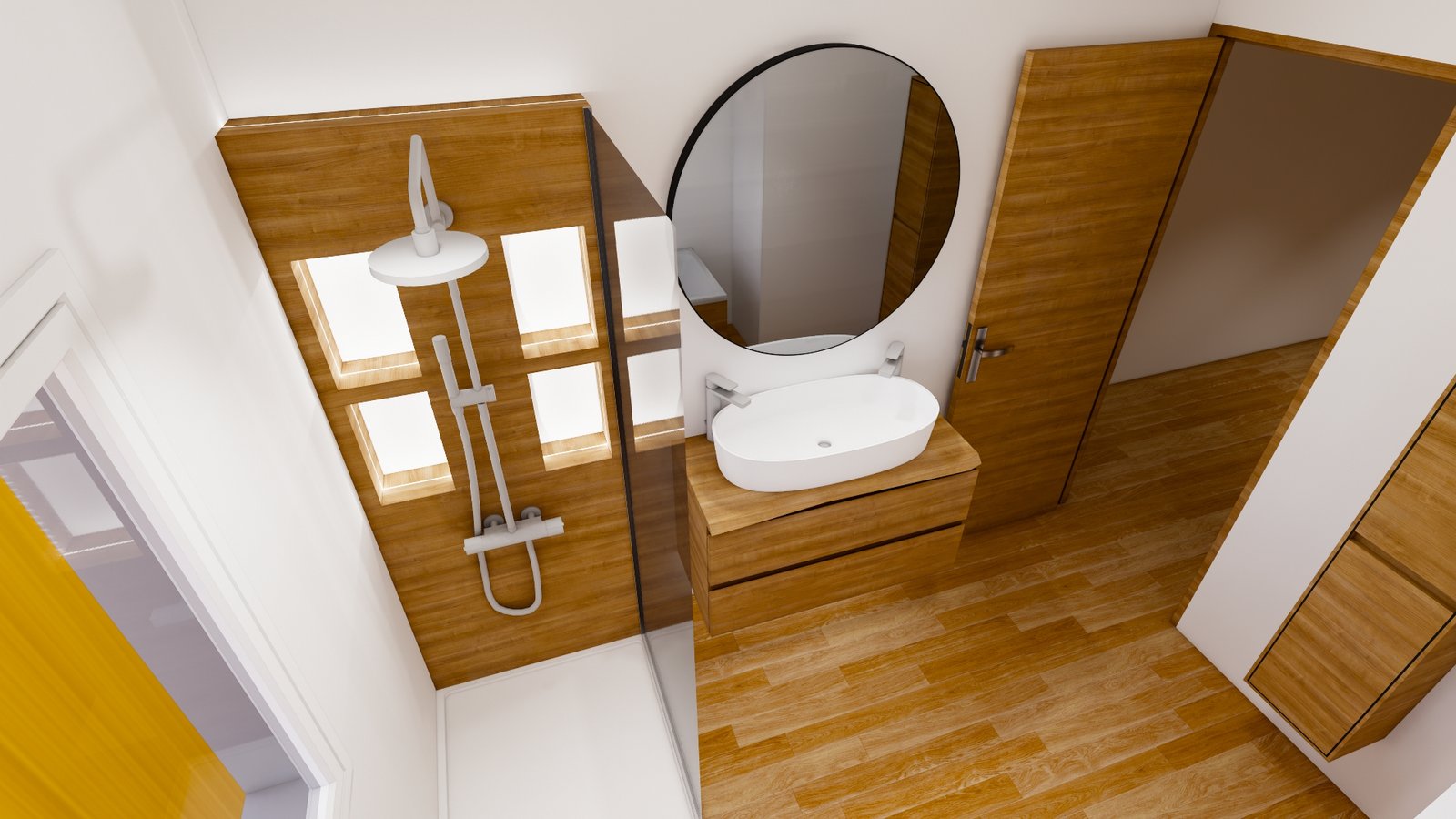 Plan 3D salle de bain Perpignan avec baignoire, fenêtre et douche à l’italienne