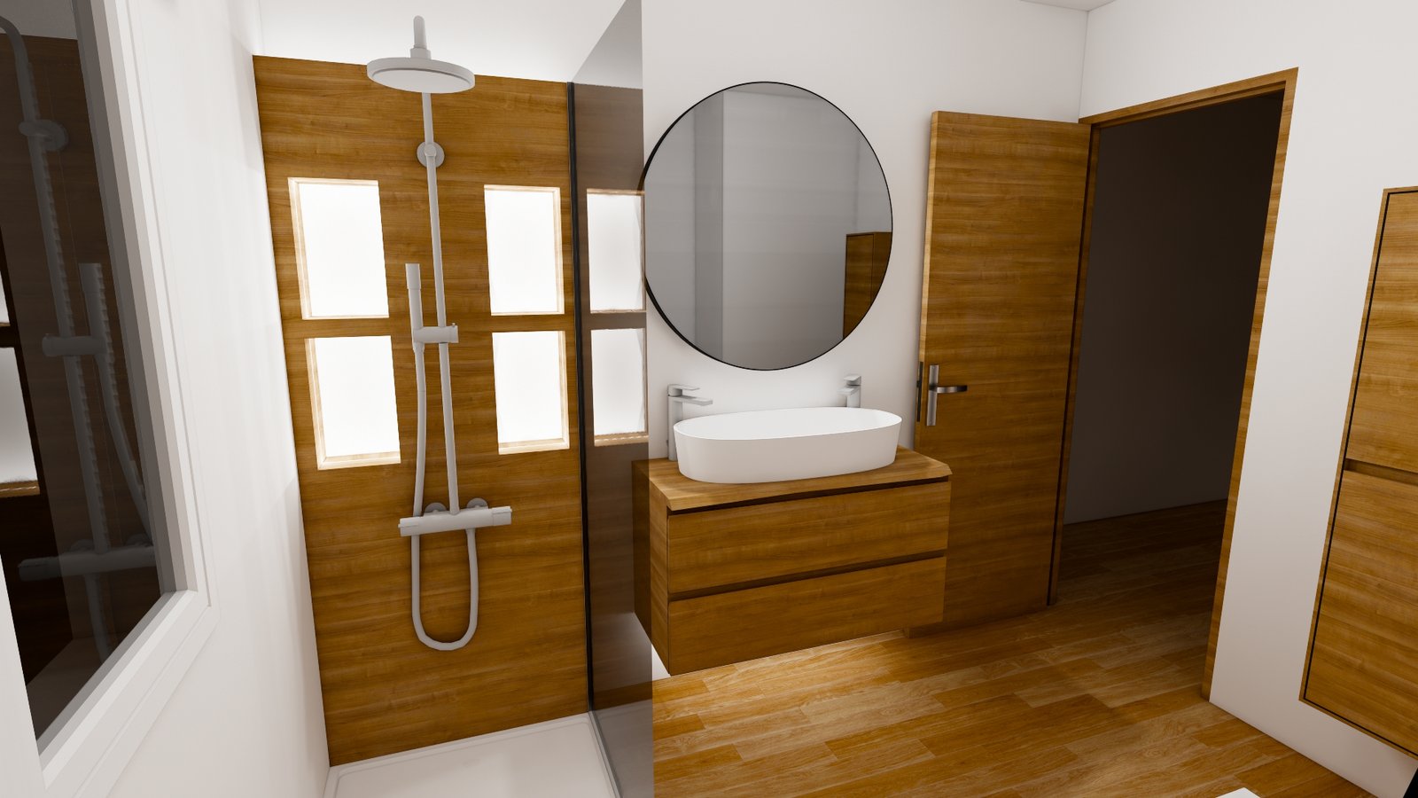 Plan 3D salle de bain à Perpignan avec douche à l’italienne et meuble vasque bois