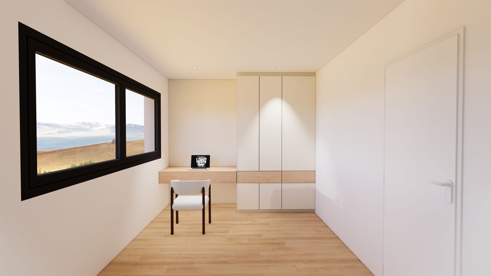Modélisation 3D d’un bureau minimaliste avec grande fenêtre