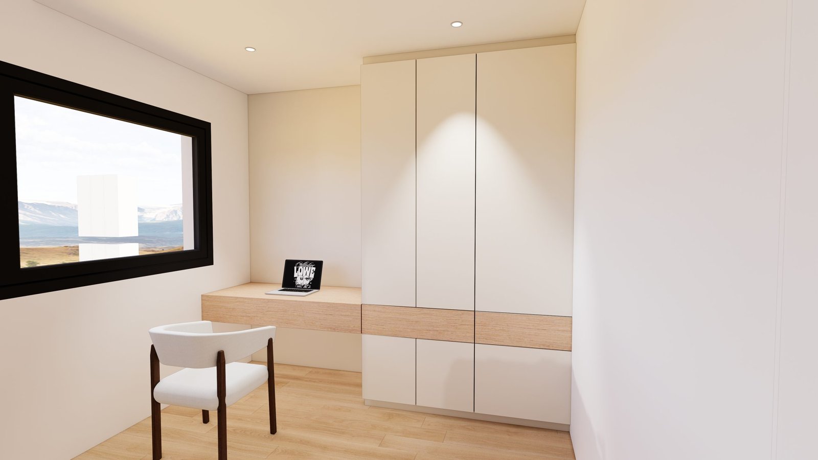 Plan 3D d’un bureau intégré avec rangements sur mesure