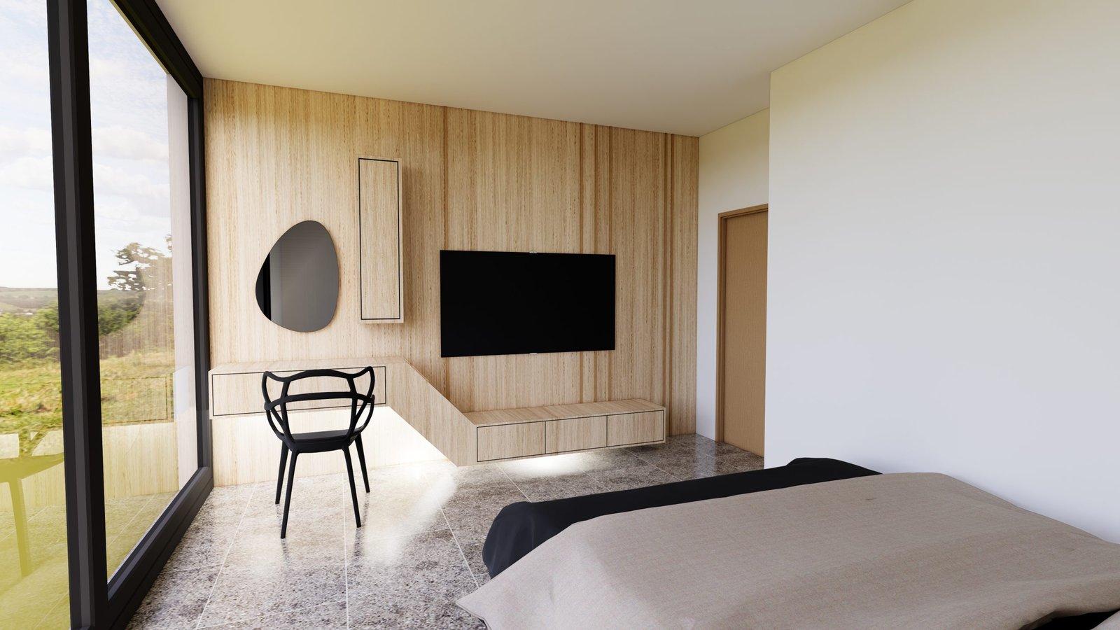Plan 3D d’une chambre moderne à Saint-Estève avec vue panoramique et bureau intégré.