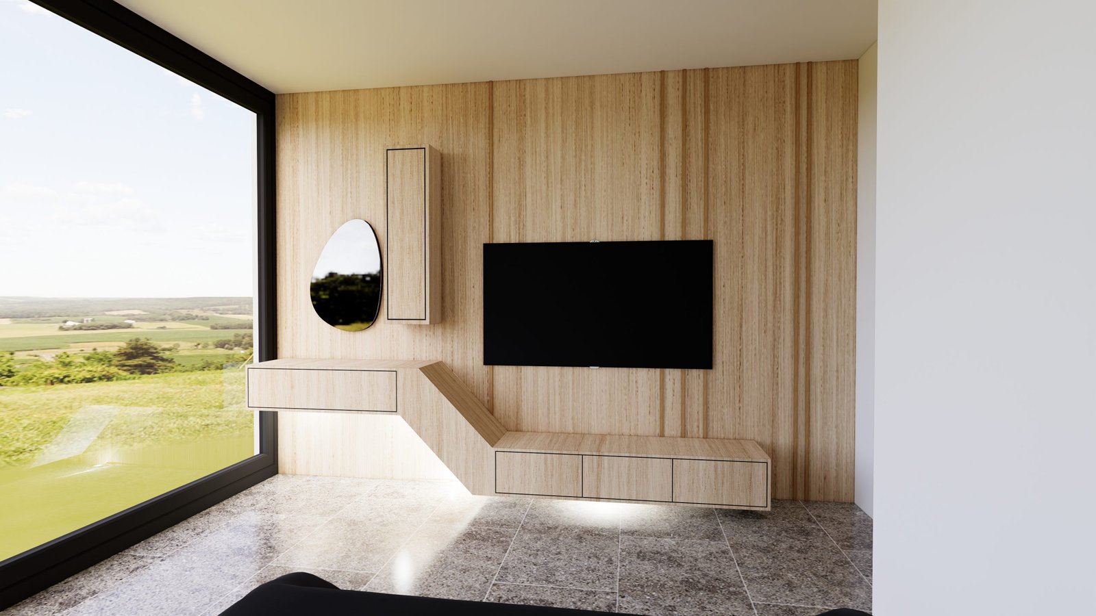 Vue en 3D d'une chambre à Saint-Estève avec mobilier design et ouverture sur la nature.