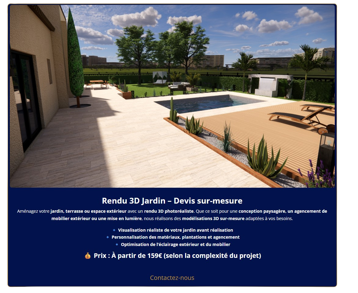 Rendu 3D jardin avec terrasse en bois et piscine moderne