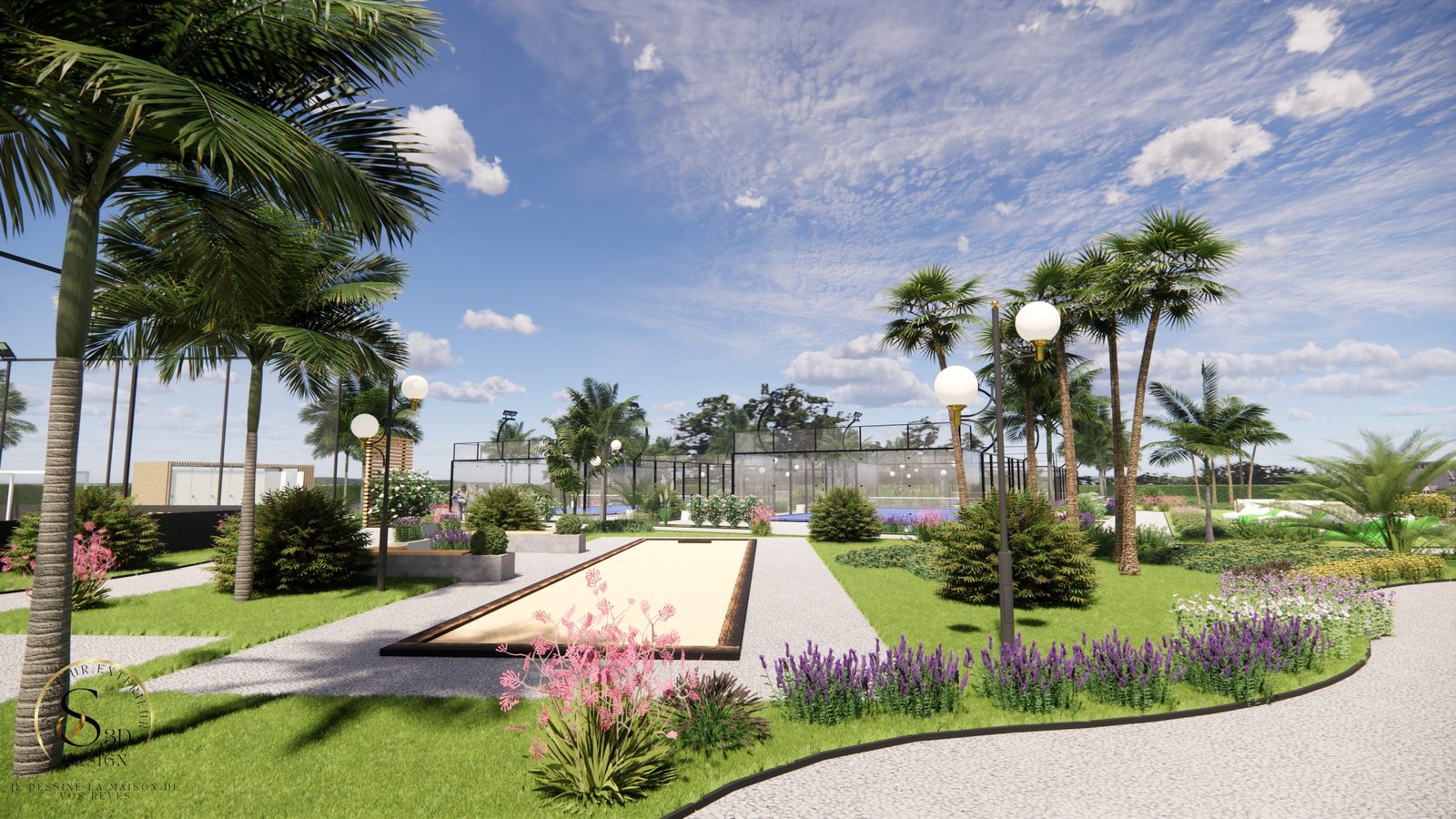 Espace extérieur avec terrain de jeu et végétation méditerranéenne