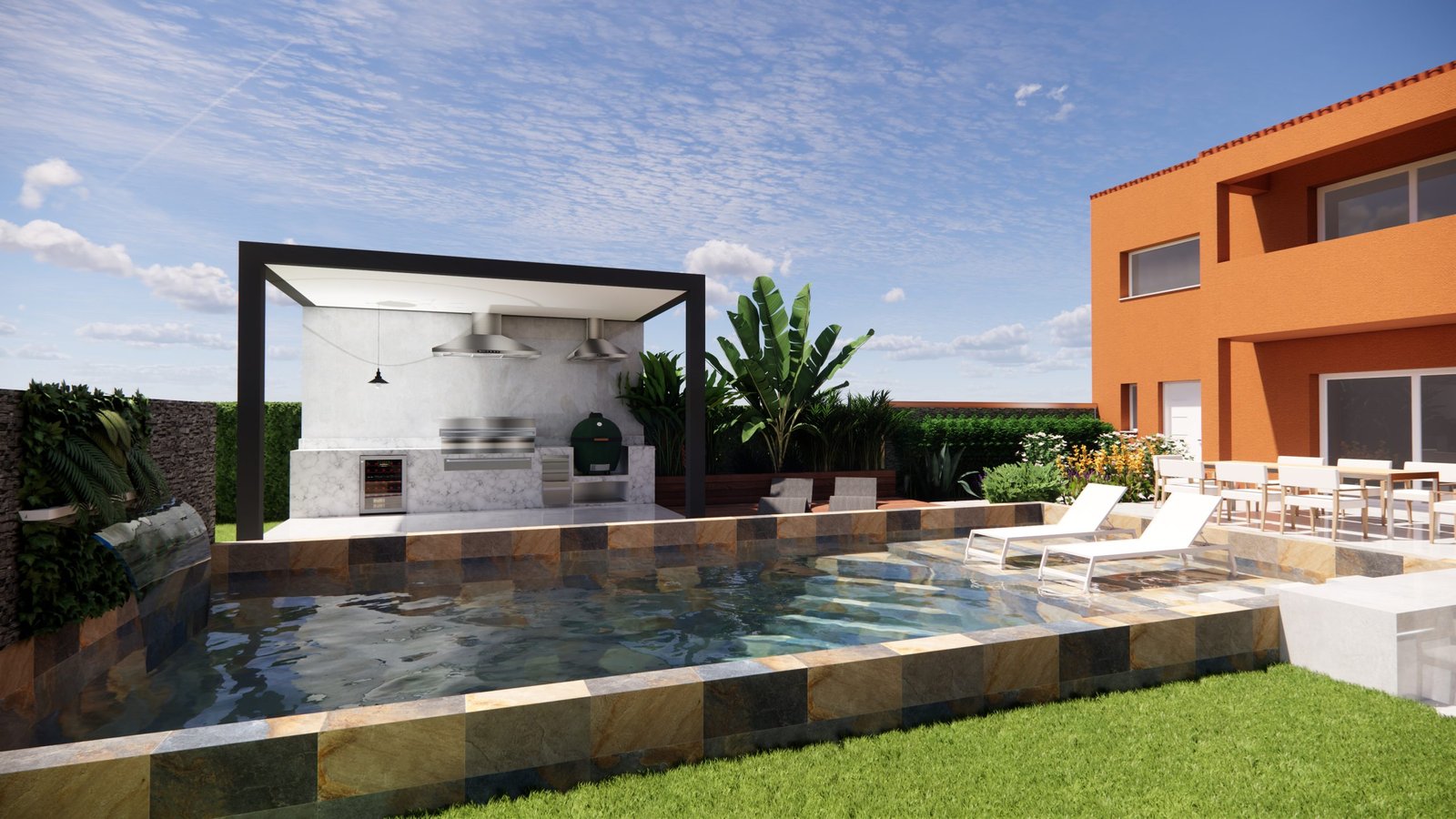 Cuisine extérieure design et végétation méditerranéenne