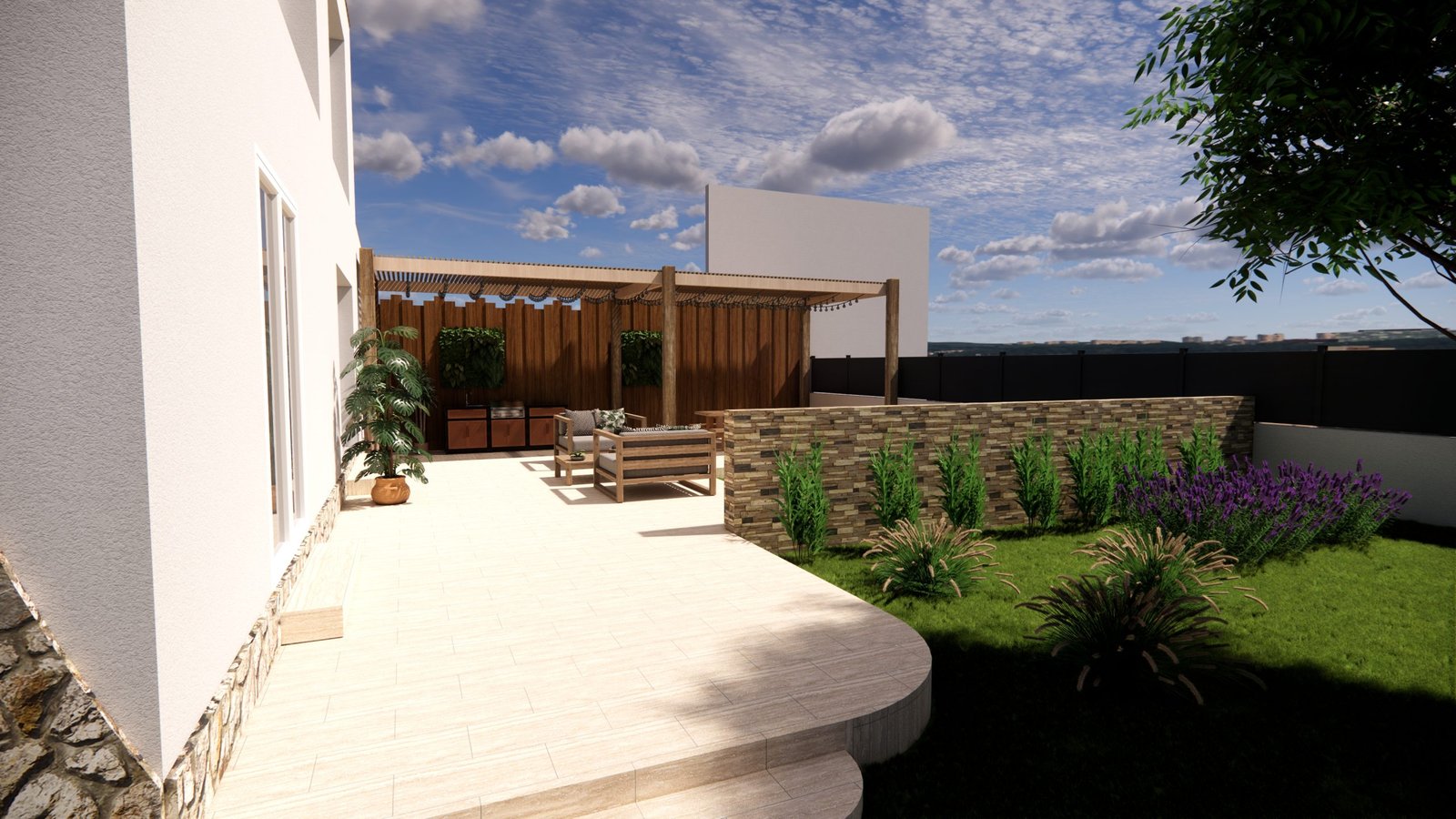 terrasse aménagée avec pergola en bois à Saint-Laurent-de-la-Salanque