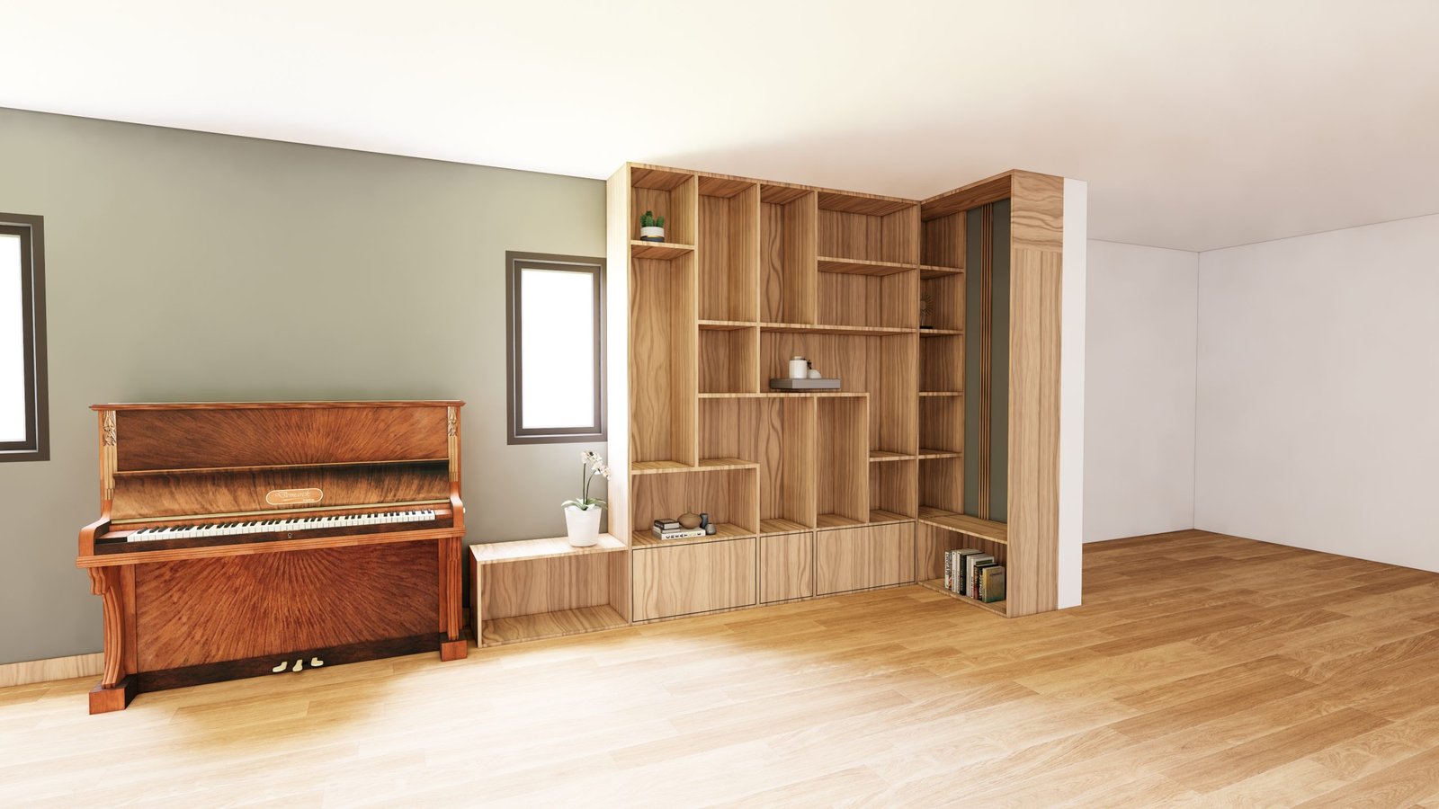 Plan 3D d’un salon à Rivesaltes avec piano et bibliothèque sur mesure