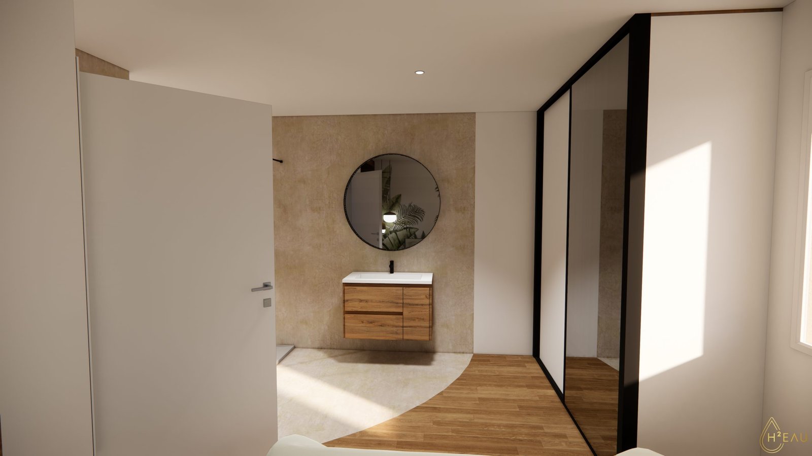 Meuble vasque en bois et miroir rond