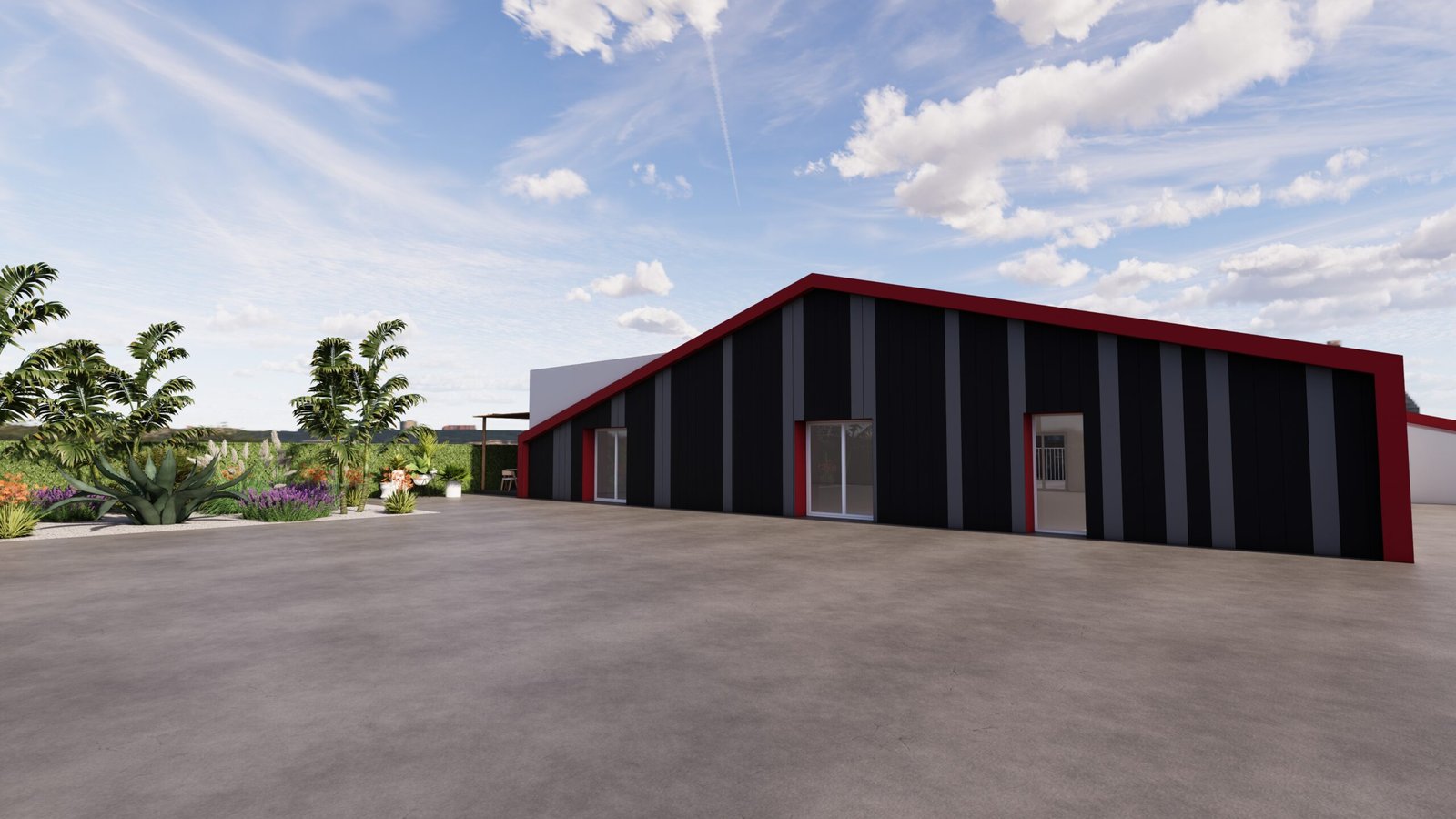 Vue latérale du hangar métallique