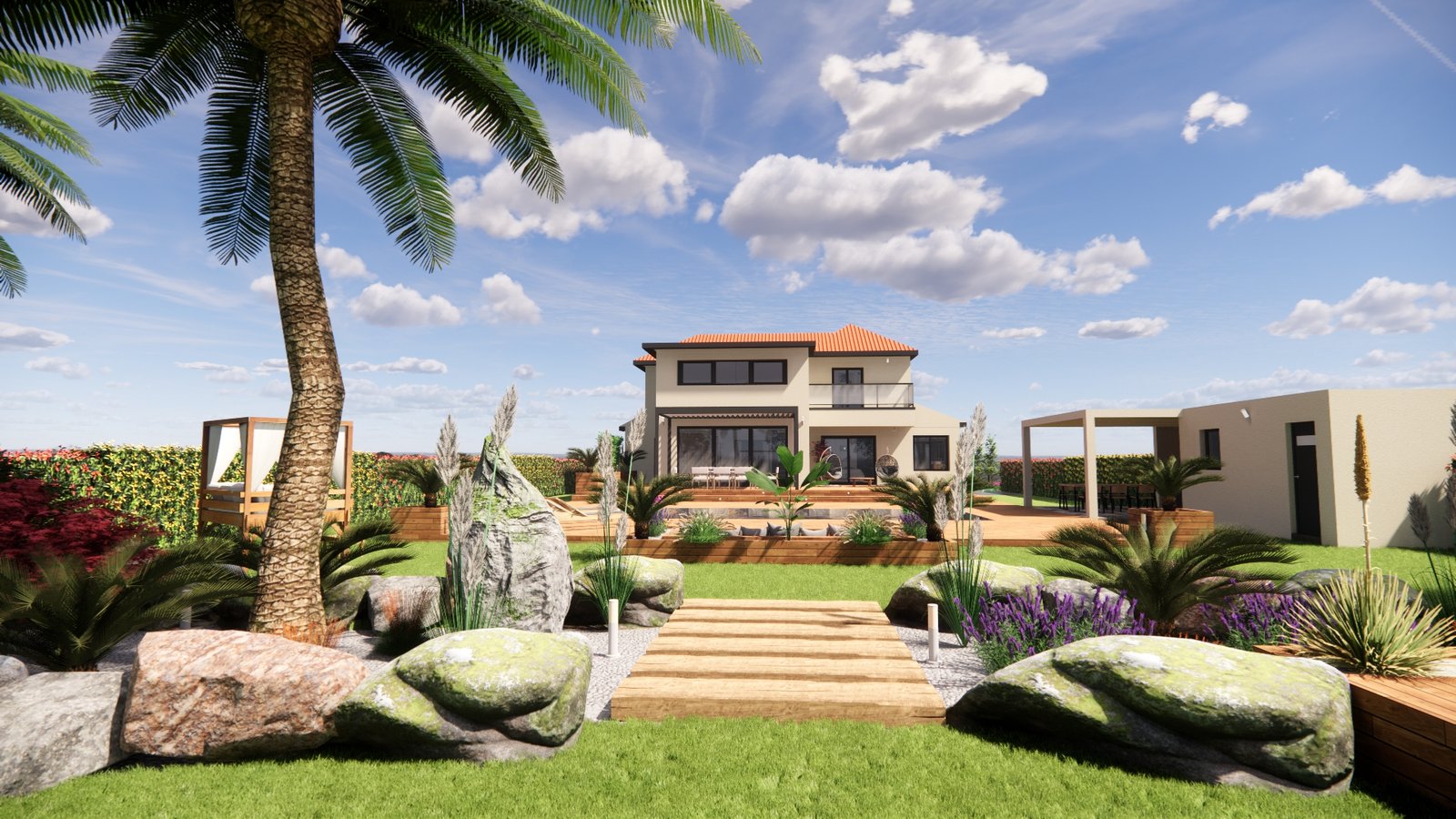 Plan 3D extérieur maison moderne avec jardin paysager – S3D Design France