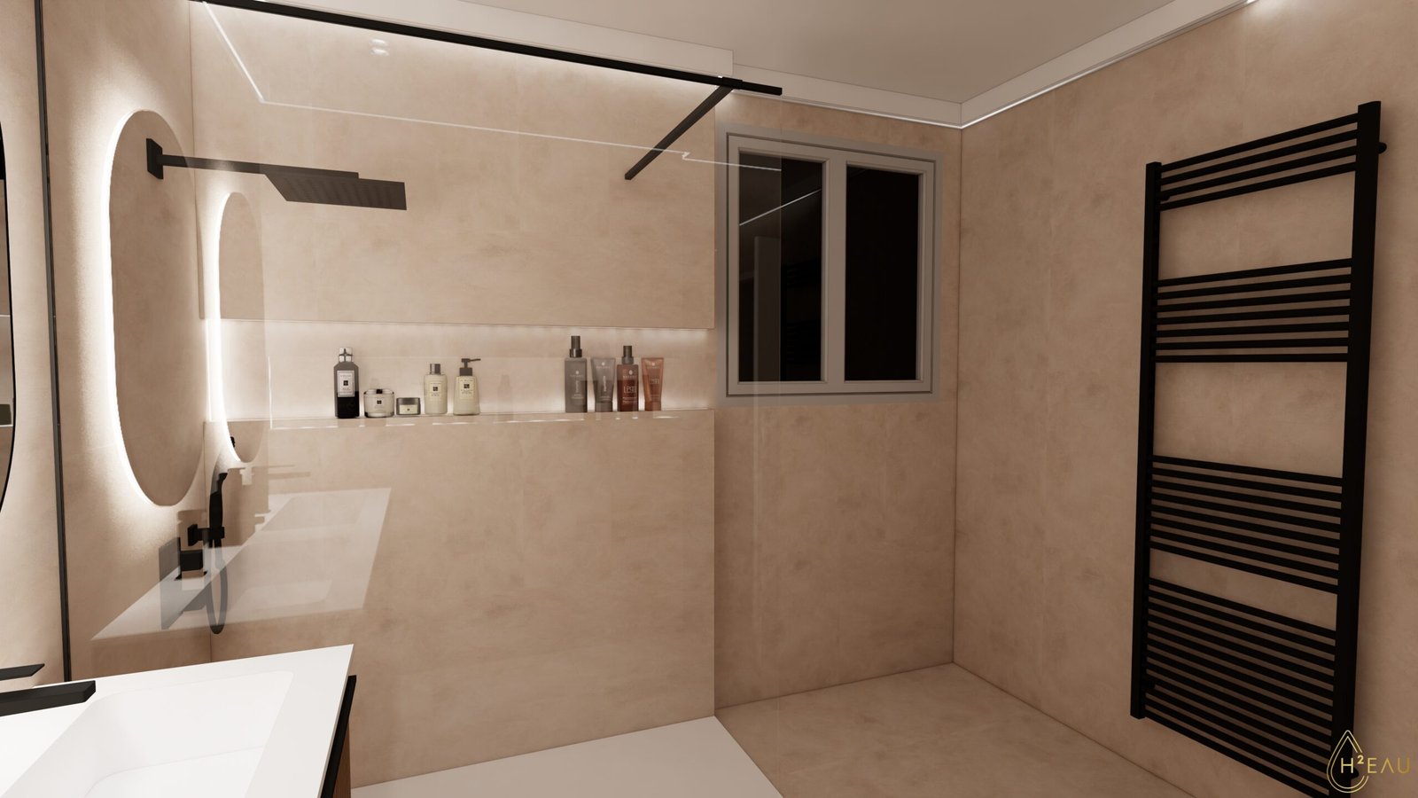 Rendu 3D de salle de bain à Perpignan avec douche italienne et double miroir lumineux